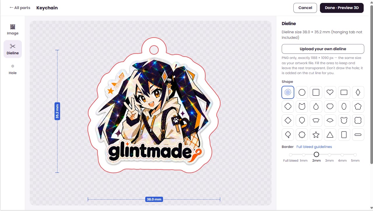 Dieline editor, Border = 2 mm: a white margin is kept between the Glint artwork and the dieline (38.0 × 35.2 mm)