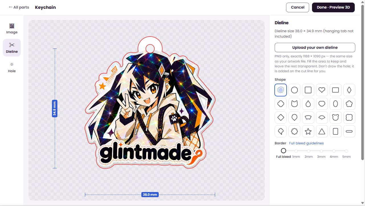 Dieline editor, Border = Full bleed: the dieline hugs the Glint artwork with no white margin (38.0 × 34.9 mm)