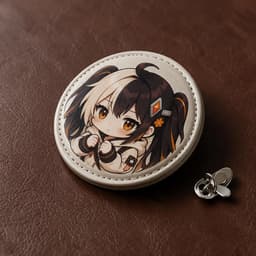 Round PU leather tinplate badge photographed at a 45-degree angle to show leather texture and edge finishing, with a butterfly pin clasp beside it