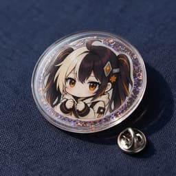 Glitter acrylic badge photographed at a 45-degree angle to show sparkle texture and material thickness, with a butterfly pin clasp beside it