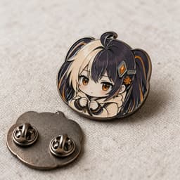 Enamel lapel pin photographed at a 45-degree angle to show polished metal outlines and enamel fill, with a butterfly pin clasp beside it