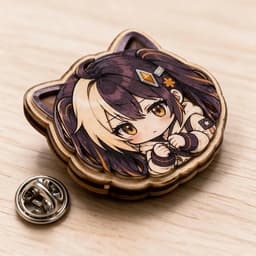 Multi-layer wooden badge photographed at a 45-degree angle to show stacked wood layers and cut edges, with a butterfly pin clasp beside it