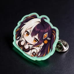 Glow-in-the-dark acrylic badge photographed at a 45-degree angle to show material thickness, with a butterfly pin clasp beside it