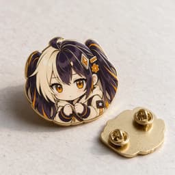 Glitter enamel badge photographed at a 45-degree angle to show the glittering enamel surface and raised metal detail, with a butterfly pin clasp beside it