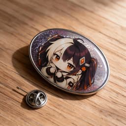 Oval cold foil glitter holographic tinplate badge photographed at a 45-degree angle showing metallic edge and holographic reflections, with a butterfly pin clasp beside it