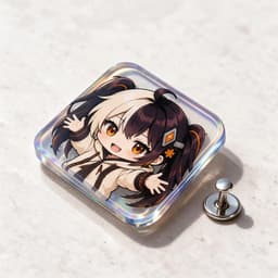 Rainbow rounded acrylic badge photographed at a 45-degree angle to show iridescent edges and material thickness, with a butterfly pin clasp beside it
