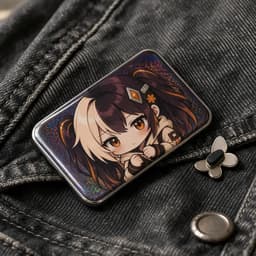 Rectangular cold foil glitter holographic tinplate badge photographed at a 45-degree angle showing metallic edge and rainbow foil reflections, with a butterfly pin clasp beside it