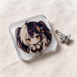 Rounded clear acrylic badge photographed at a 45-degree angle to show transparency and material thickness, with a butterfly pin clasp beside it