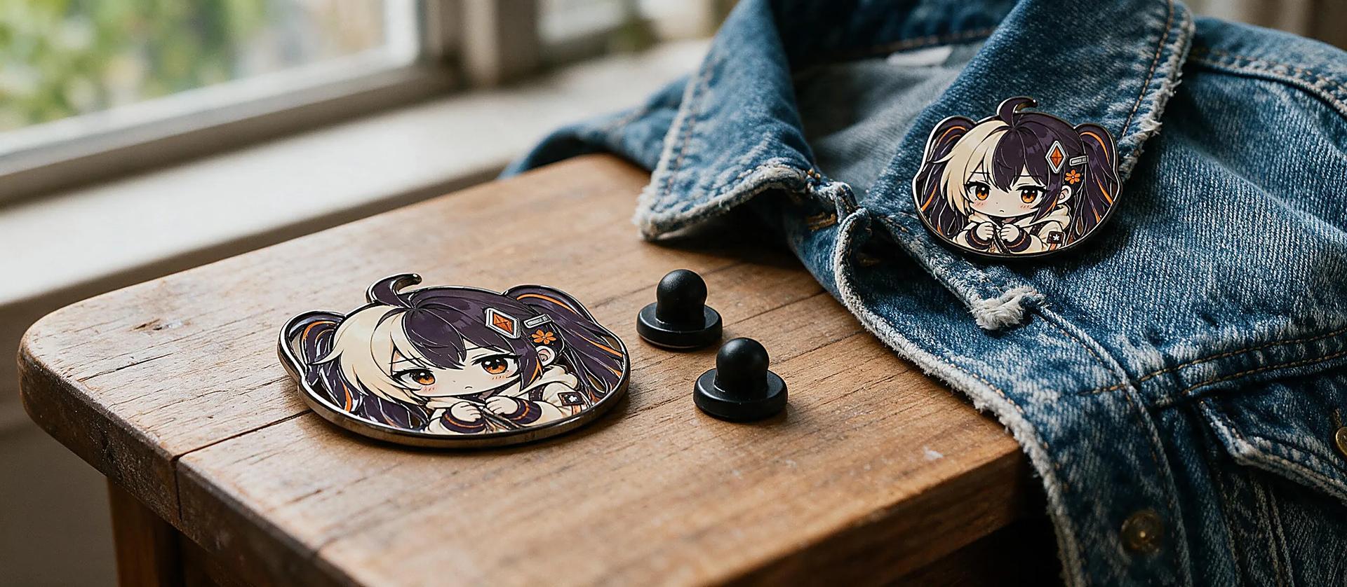 Flat lay of custom enamel, acrylic, tinplate and wooden character badges, one pinned on denim