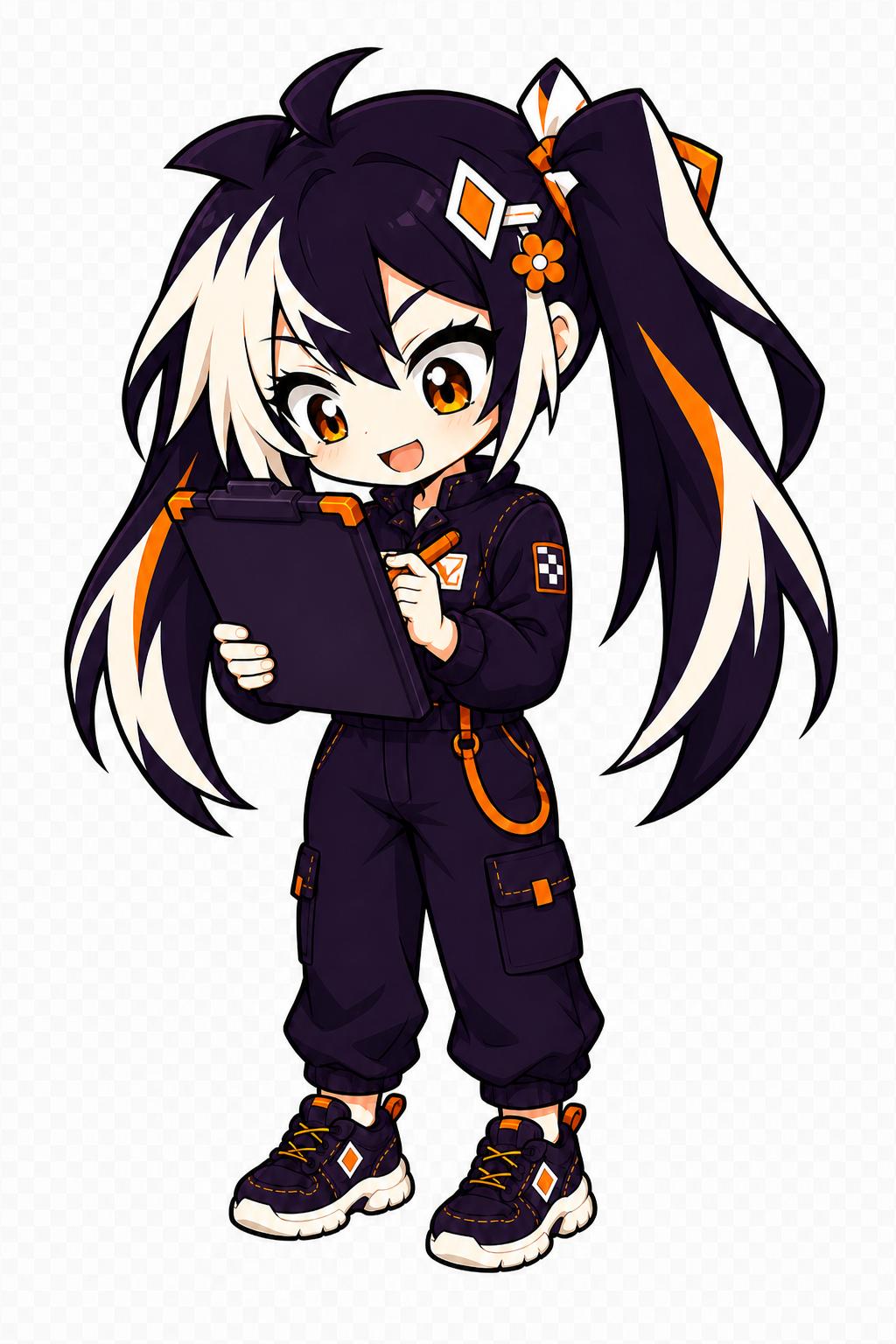 Chibi Glint reviewing the hidden front of a project clipboard while its back faces the viewer
