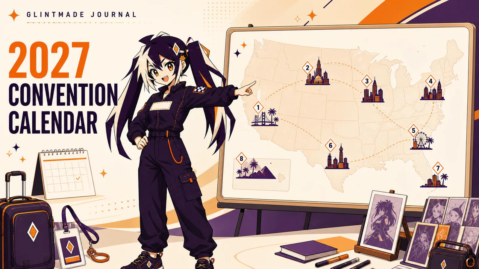Glint presenting an illustrated 2027 United States anime and comic convention calendar