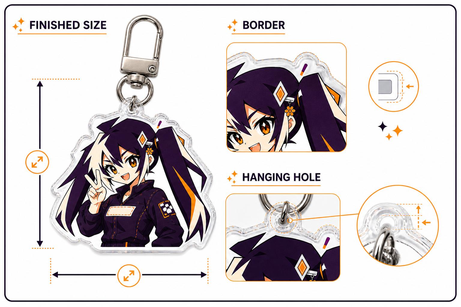 Glintmade acrylic keychain finished size, border and hole guide