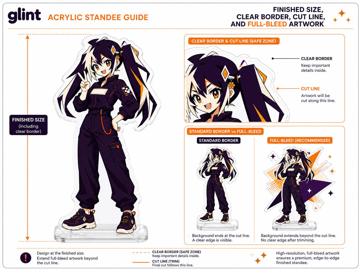 Glintmade acrylic standee size, border and bleed guide