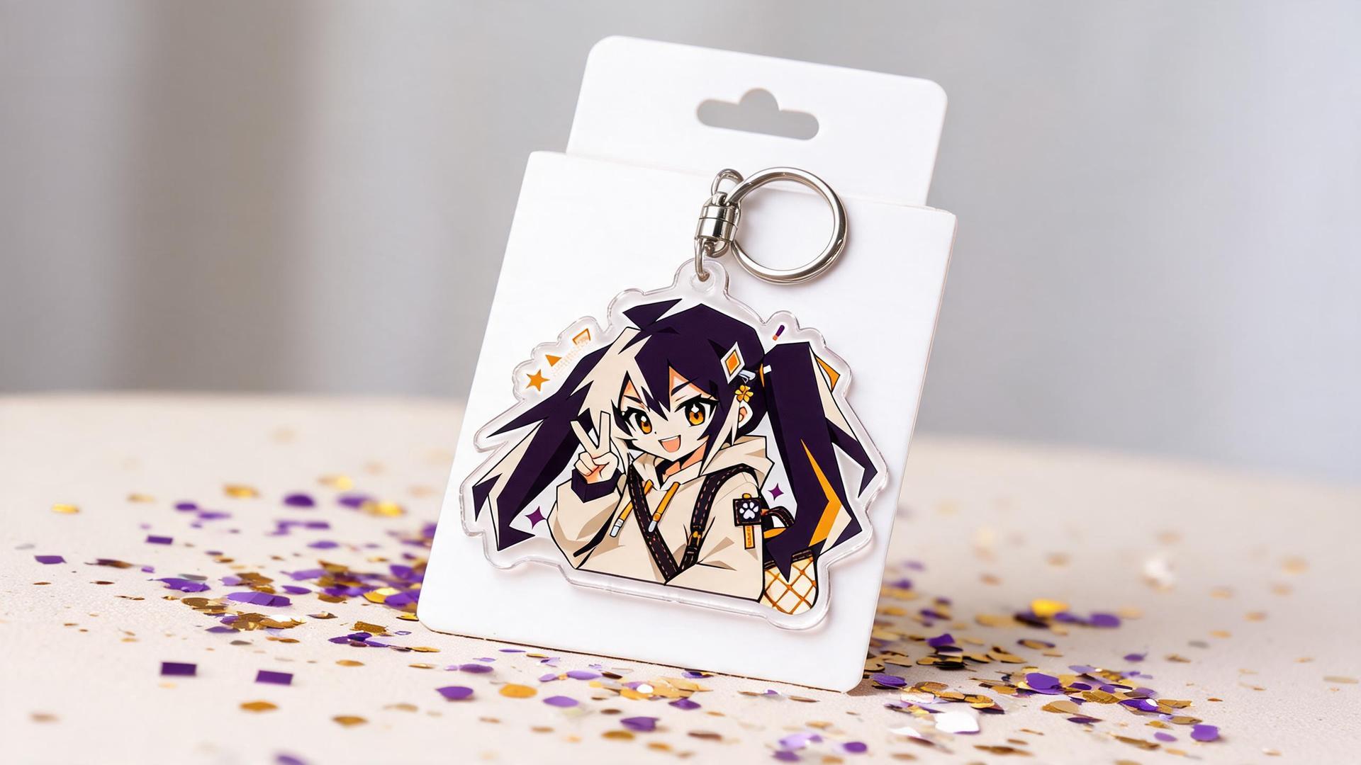 Custom die-cut clear acrylic keychain with printed artwork displayed on its backing card