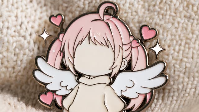 Soft enamel pin of a pink-haired chibi angel with hearts and sparkles, attached to knit fabric