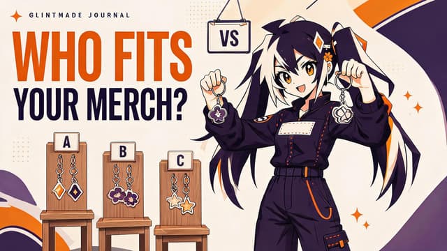 Glint comparing two acrylic keychain samples between three supplier stands