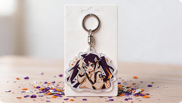 Chibi anime girl acrylic keychain with full character artwork on a white backing card, surrounded by purple and orange confetti