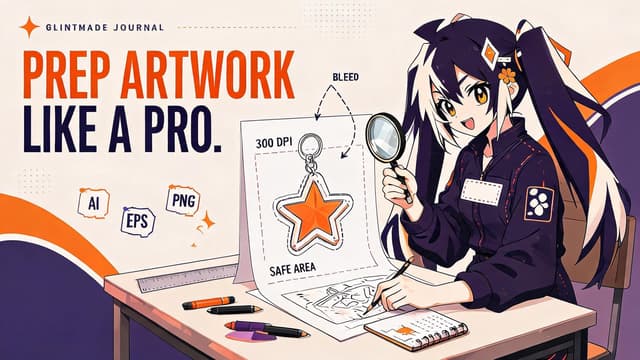 Glint inspecting acrylic keychain artwork for bleed, safe area, resolution and file format labels