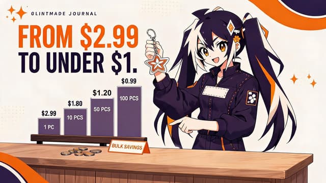 Glint presenting a price ladder for custom acrylic keychains from $2.99 to under $1