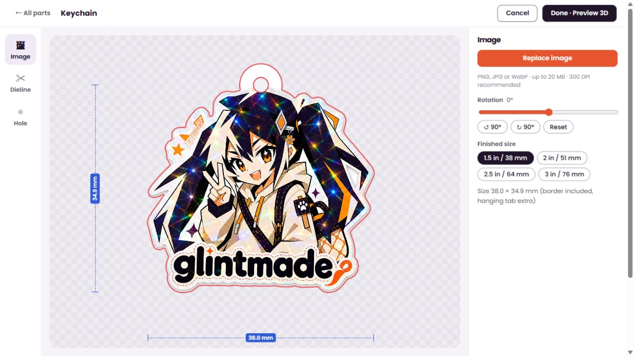 The online editor preview: the die-cut Glint keychain with its hanging hole and clasp