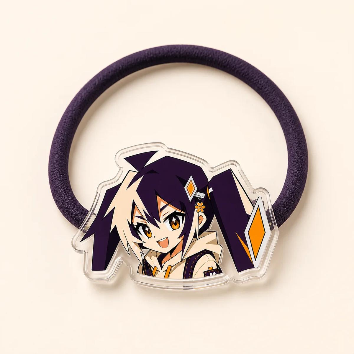 Dark purple elastic hair tie with a clear acrylic charm printed with a purple-haired anime girl, on a cream background