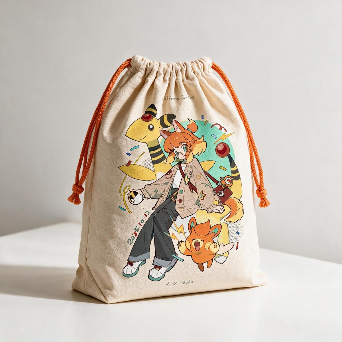 Drawstring canvas bag with orange drawstrings printed with the Pokemon Series artwork