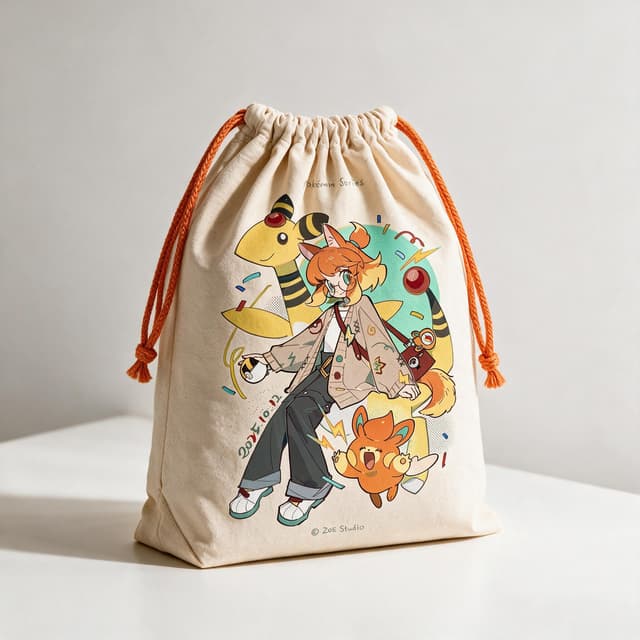 Drawstring canvas bag with orange drawstrings printed with the Pokemon Series artwork