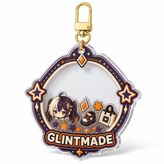 Custom acrylic shaker keychain shown with decorative pieces inside the clear frame