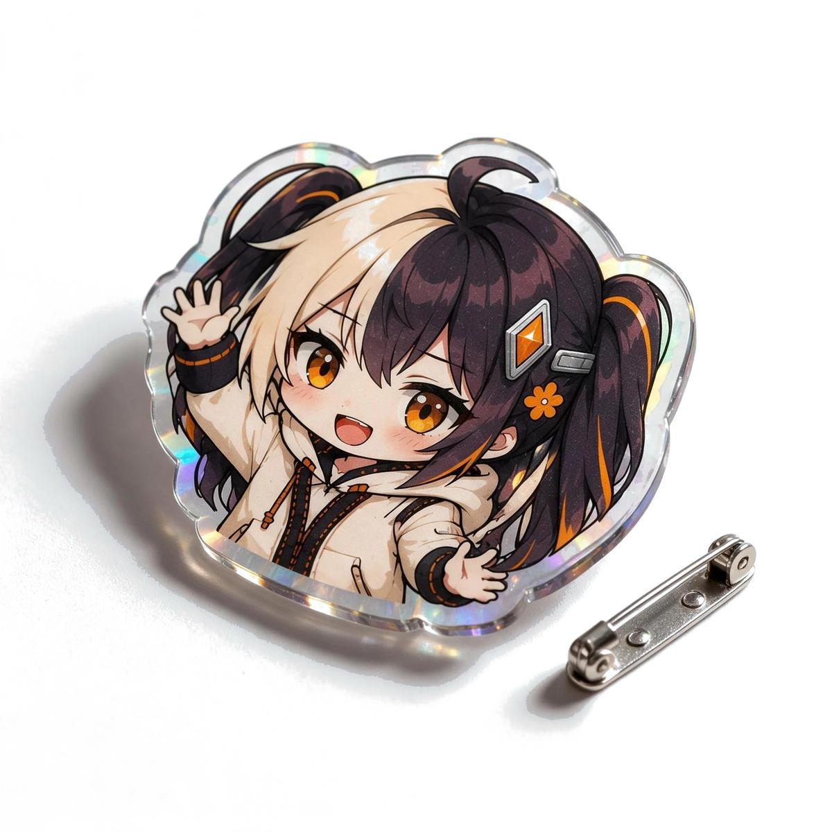 Cold foil holographic rainbow acrylic badge photographed at a 45-degree angle to show rainbow foil sheen and acrylic thickness, with a butterfly pin clasp beside it