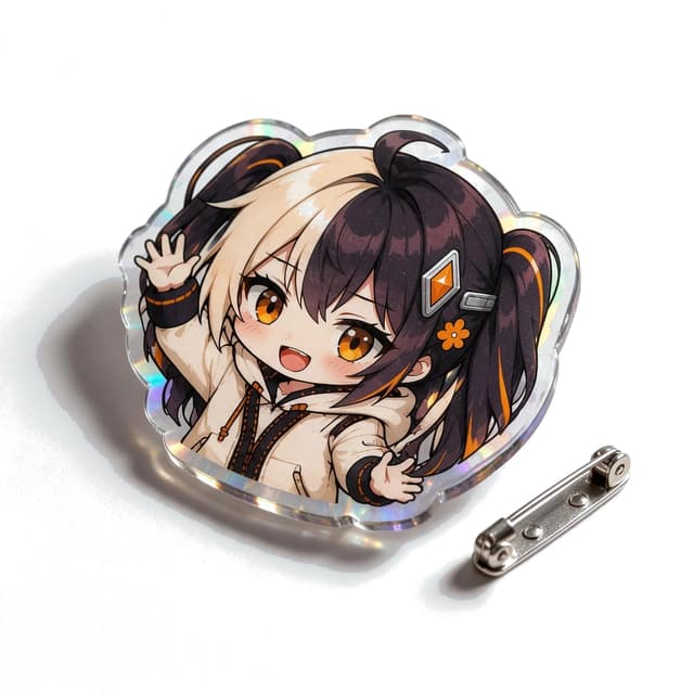Cold foil holographic rainbow acrylic badge photographed at a 45-degree angle to show rainbow foil sheen and acrylic thickness, with a butterfly pin clasp beside it