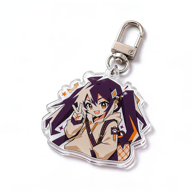 Custom die-cut clear acrylic keychain with printed artwork displayed on its backing card