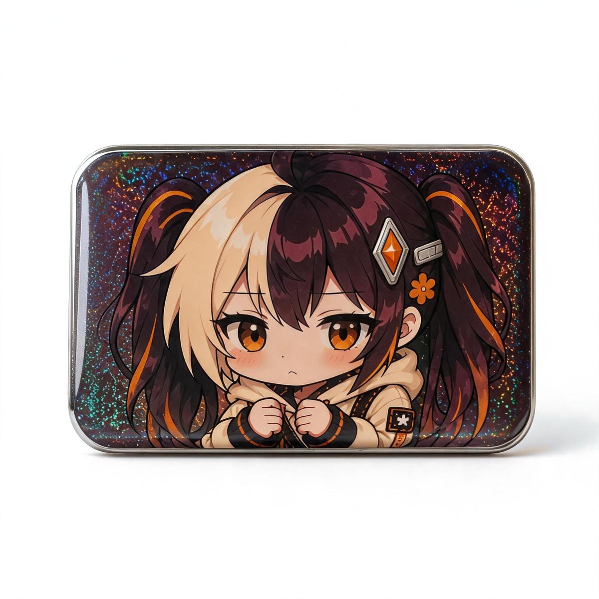 Rectangular cold-foil holographic tinplate badge printed with a dark-haired anime girl, on dark denim