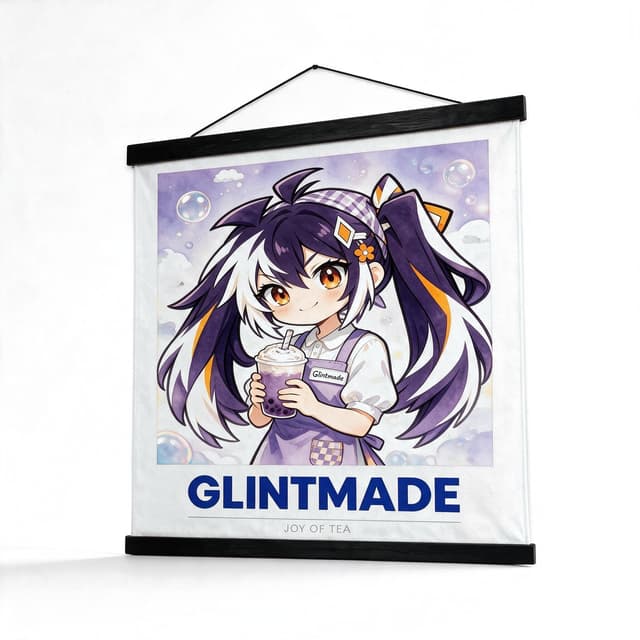 Custom magnetic wood rail wall hanging with the Glintmade purple watercolor milk-tea girl artwork on wooden rails, product view on white background - Glintmade