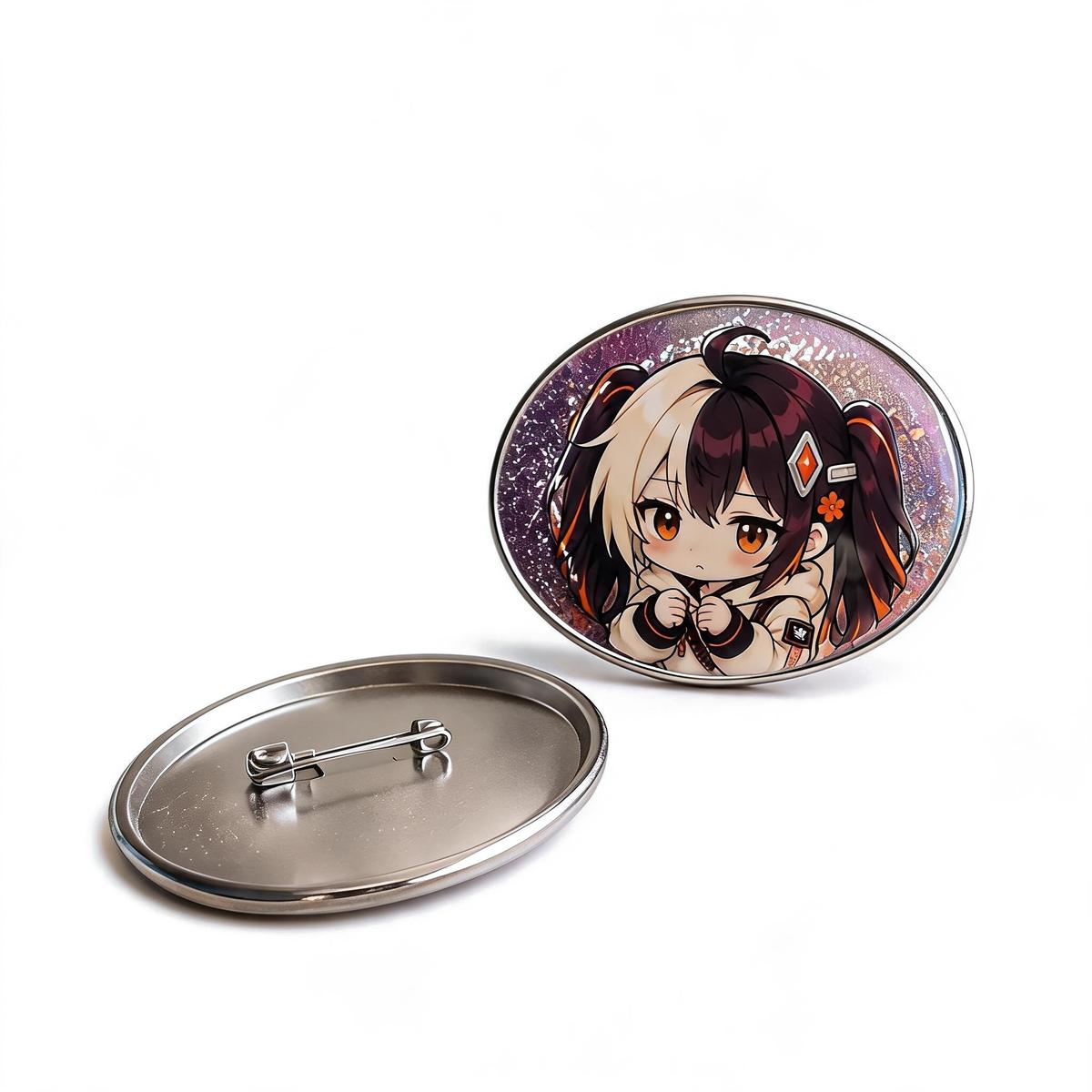 Oval tinplate badge with warm glitter holographic finish printed with an anime girl with a dark braid, on a canvas pouch
