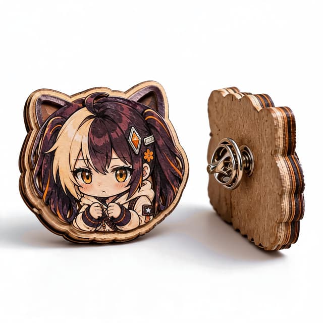 Multi-layer wooden badge with a laser-cut cat-ear girl silhouette surrounded by wooden washers, on burlap with wood shavings