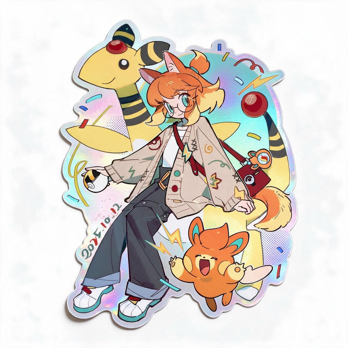 Pokemon Series holographic die-cut sticker of the trainer artwork with rainbow foil on a white background