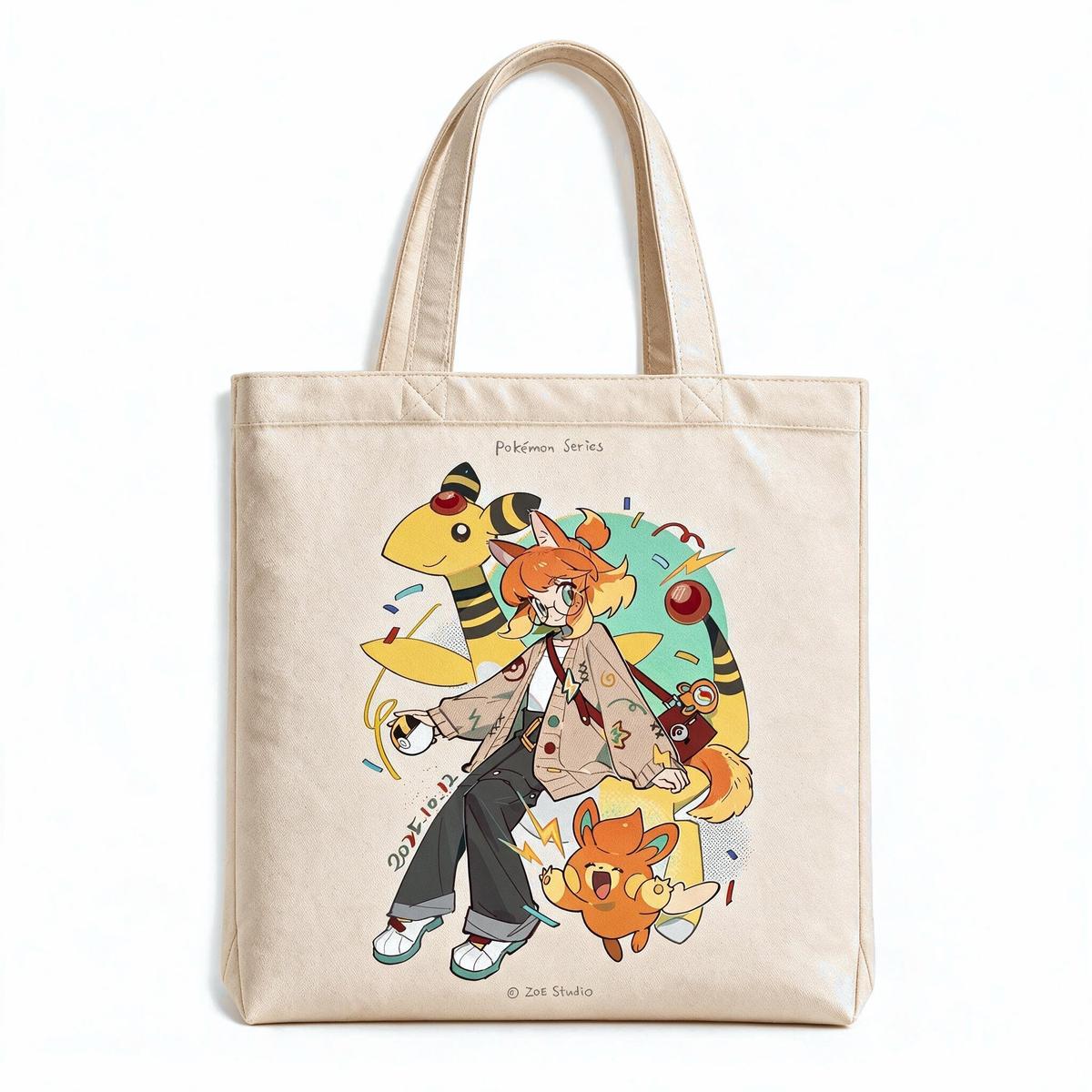 Canvas tote bag printed with the Pokemon Series electric trainer girl, Ampharos and Pawmi illustration on the front