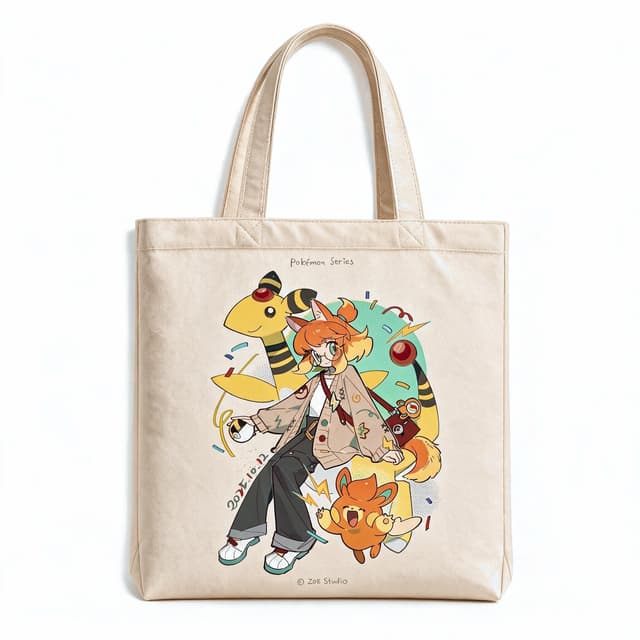 Canvas tote bag printed with the Pokemon Series electric trainer girl, Ampharos and Pawmi illustration on the front