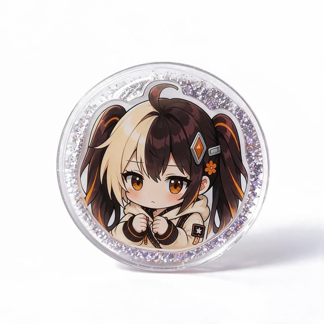 Silver glitter acrylic badge with a bold orange print of a dark cat character, on a light gray background
