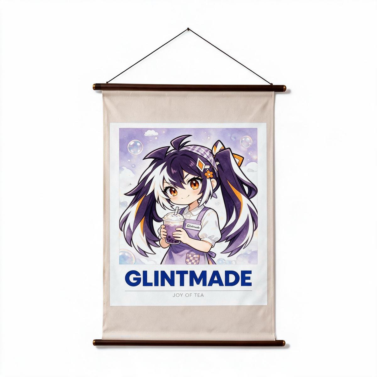 Custom canvas scroll wall art with the Glintmade purple watercolor milk-tea girl artwork, product view on white background - Glintmade