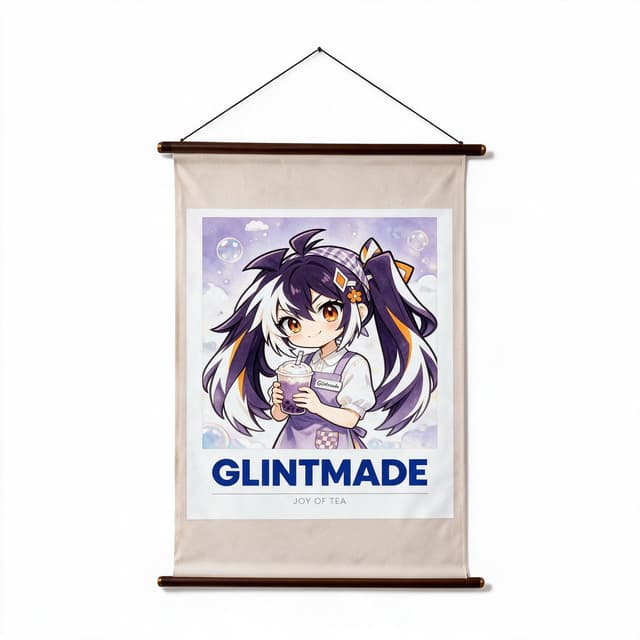Custom canvas scroll wall art with the Glintmade purple watercolor milk-tea girl artwork, product view on white background - Glintmade