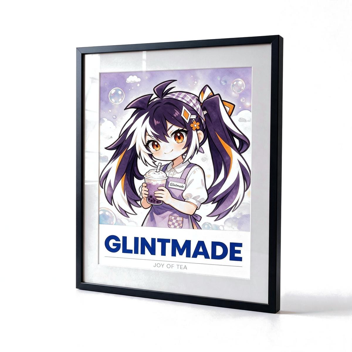Custom framed art poster with the Glintmade purple watercolor milk-tea girl artwork in a black frame, product view on white background - Glintmade