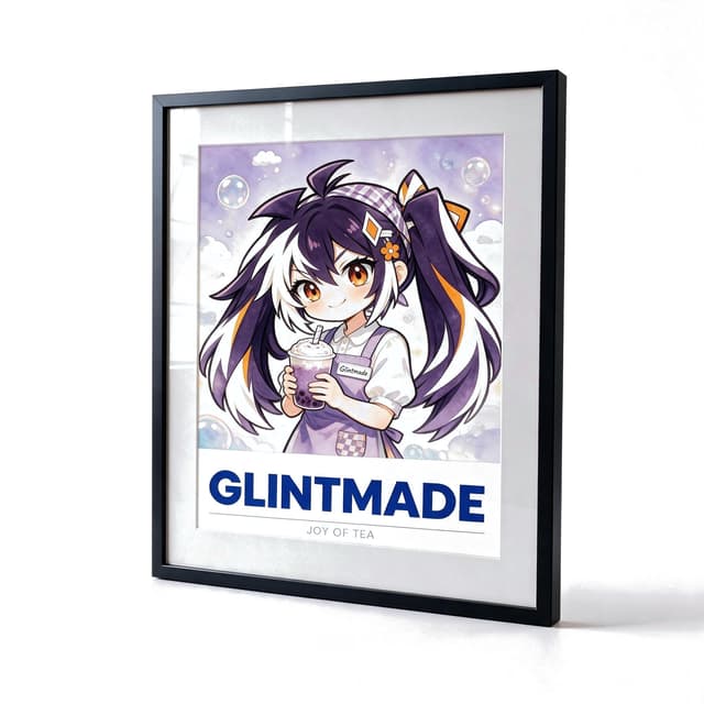 Custom framed art poster with the Glintmade purple watercolor milk-tea girl artwork in a black frame, product view on white background - Glintmade
