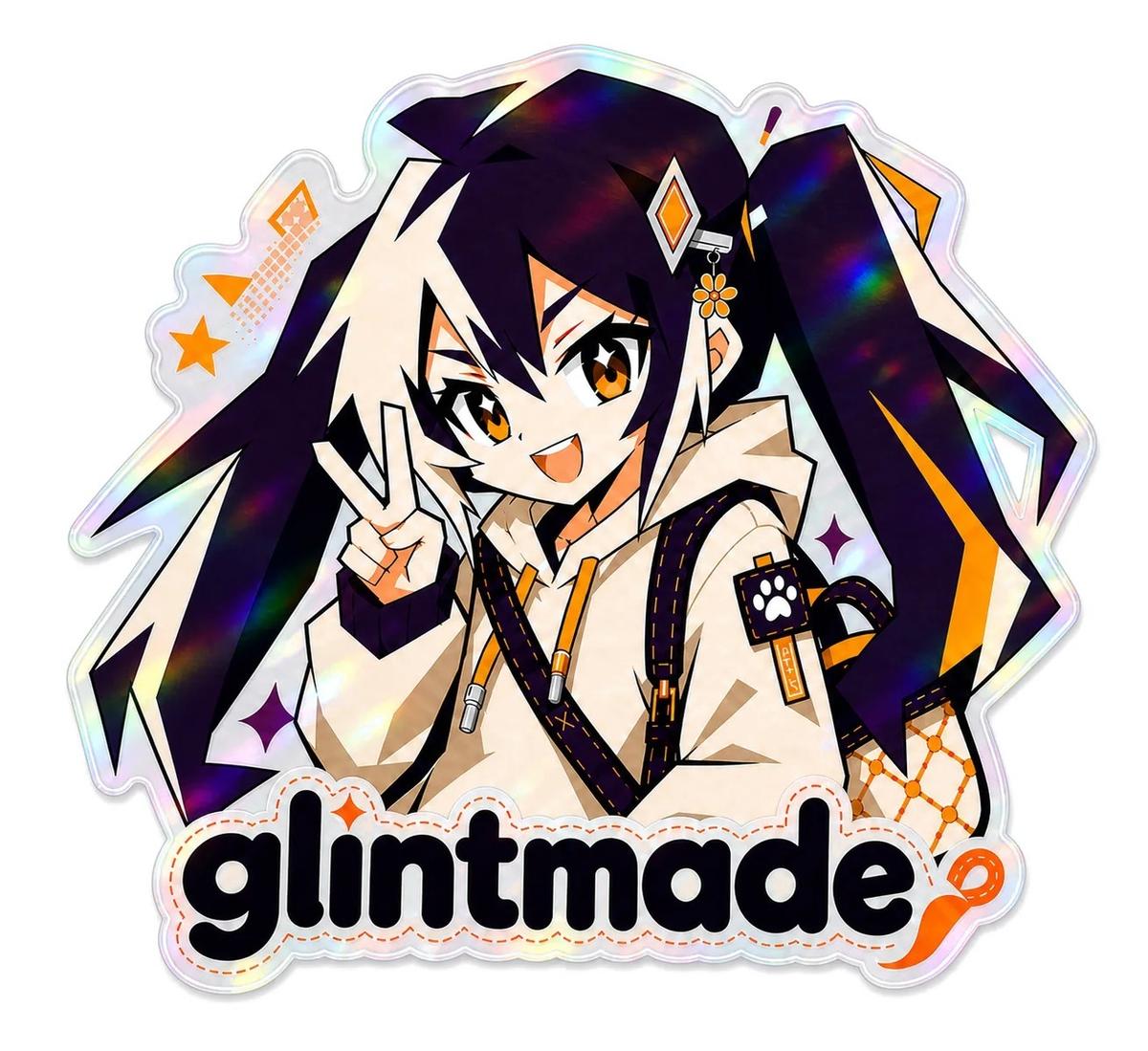 Clear holographic sticker printed with a white anime fox holding a glowing orange key, on a black background