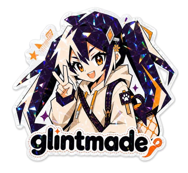 Broken-glass effect sticker with sharp transparent shards and iridescent blue-purple reflections on a black background