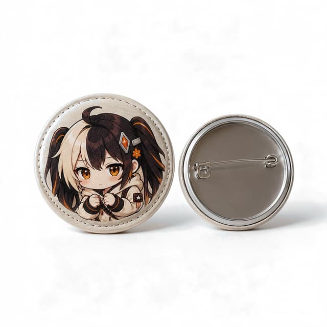Custom Round PU Leather Tinplate Badge product photo on a white background