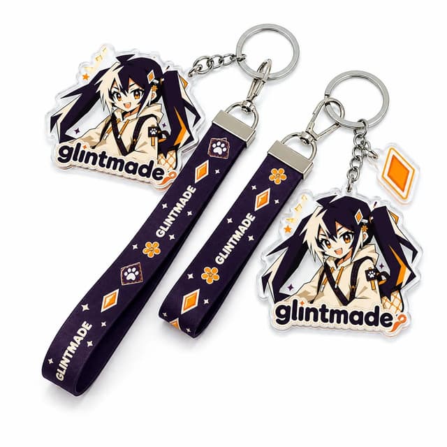 Navy webbing lanyard with metal hook and acrylic charms, printed with GLINTMADE lettering in orange and white, on gray