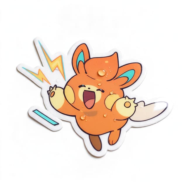 Pokemon Series waterproof vinyl sticker of a cheering orange Pokemon character with water droplets on a white background