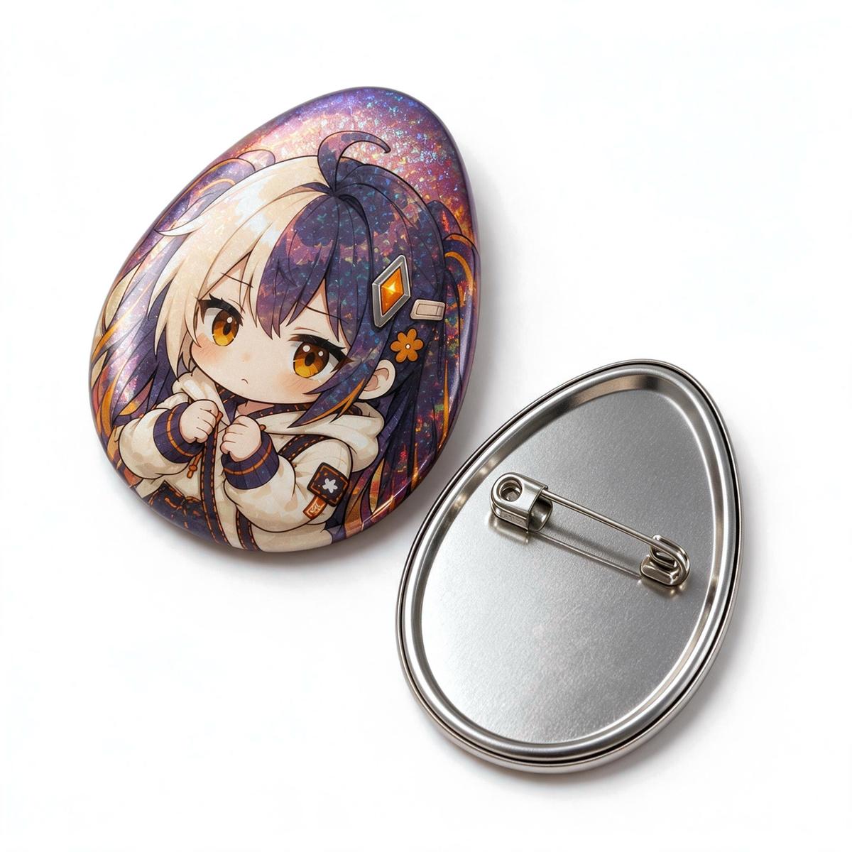 Custom Egg-Shaped Raised Foil Glitter Holographic Tinplate Badge product photo on a white background