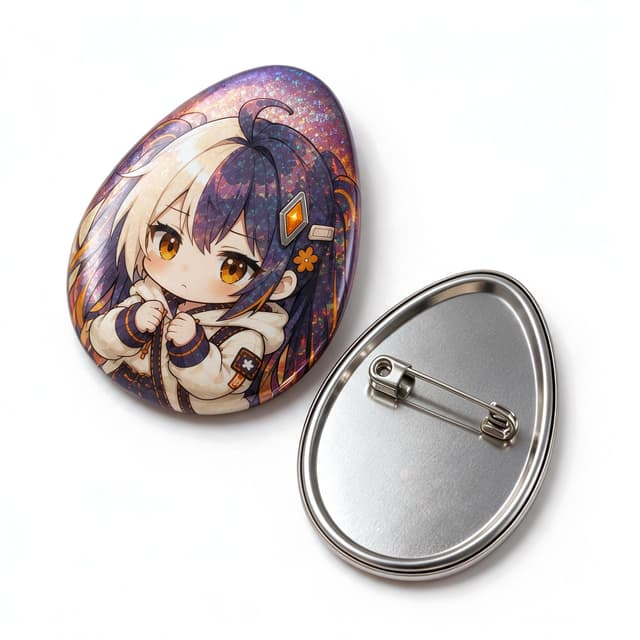 Custom Egg-Shaped Raised Foil Glitter Holographic Tinplate Badge product photo on a white background